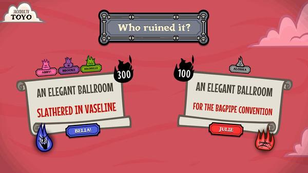 Screenshot from The Jackbox Party Pack 11 showing a game round with humorous prompts and player responses on a red background.