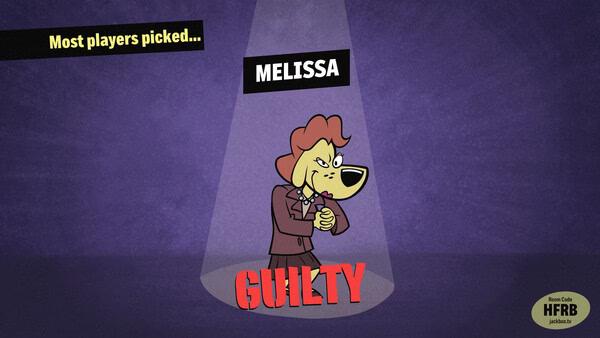 Screenshot from "The Jackbox Party Pack 11" showing a character labeled "Melissa" under a spotlight with the word "GUILTY."