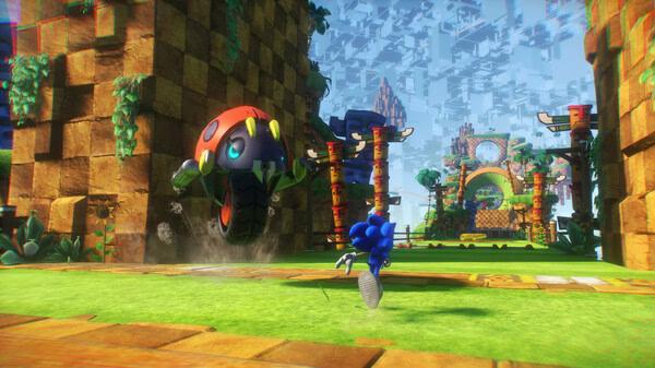 Sonic Frontiers screenshot: Sonic races towards a large, mechanical enemy in a vibrant, grassy landscape with checkered stone structures.