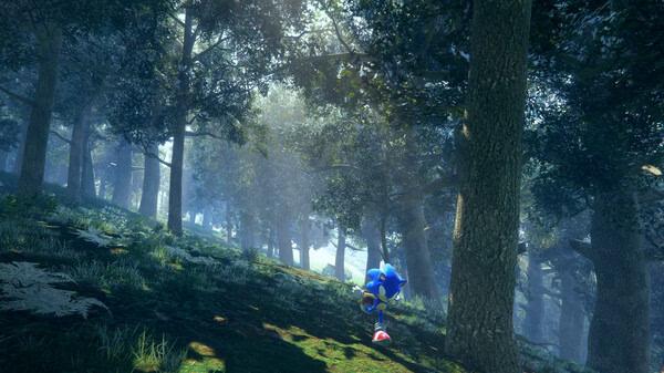 Sonic Frontiers screenshot: Sonic dashes through a lush forest, surrounded by tall trees and dappled sunlight filtering through the leaves.