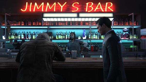 Detroit: Become Human screenshot of a bar scene with a person sitting at the counter and a bartender standing behind.