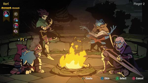 A screenshot from Absolum showing four characters sitting around a campfire at night, with player options displayed.