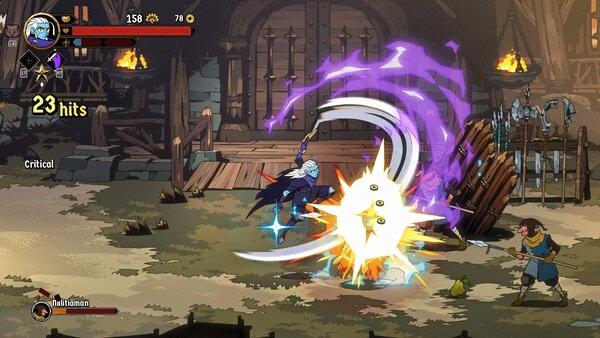 A screenshot from Absolum shows a warrior striking an enemy with a glowing sword, purple energy swirling in the attack.