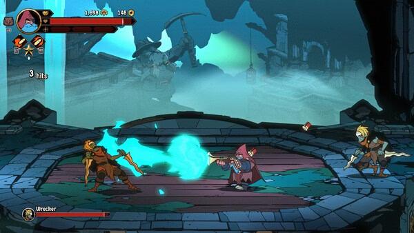 Absolum screenshot: A mage casts a glowing blue spell at a sword-wielding foe in a ruined arena with a misty backdrop.