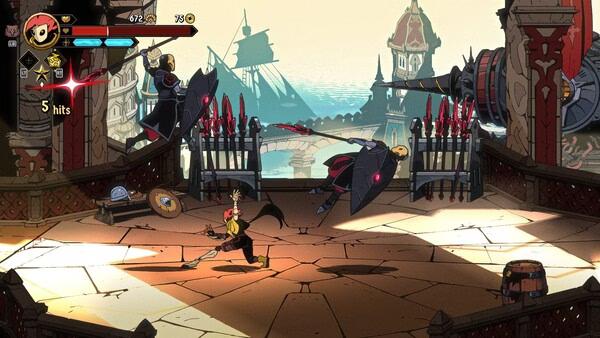 A screenshot from Absolum shows a character battling two robotic enemies on a sunlit platform with a scenic ocean backdrop.