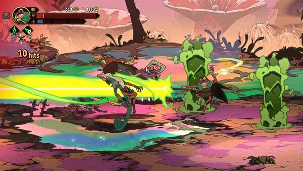 A screenshot from Absolum shows a vibrant battle scene with characters attacking enemies using glowing green energy beams.