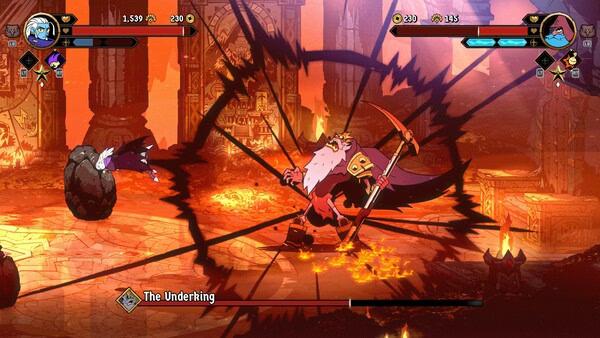 Screenshot from Absolum showing a battle with The Underking wielding a scythe in a fiery, lava-filled arena.