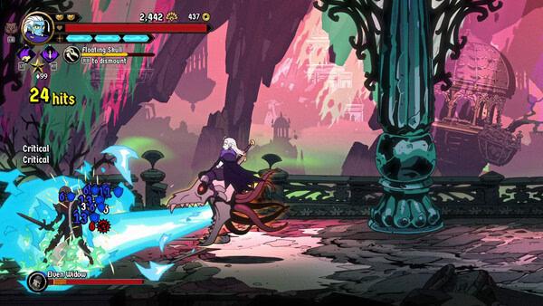 A screenshot from Absolum shows a character battling enemies with bright energy attacks in a colorful, ruined landscape.