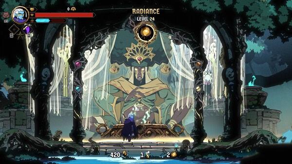 A screenshot from Absolum showing the player facing a radiant, mystical statue surrounded by ornate arches and glowing lights.