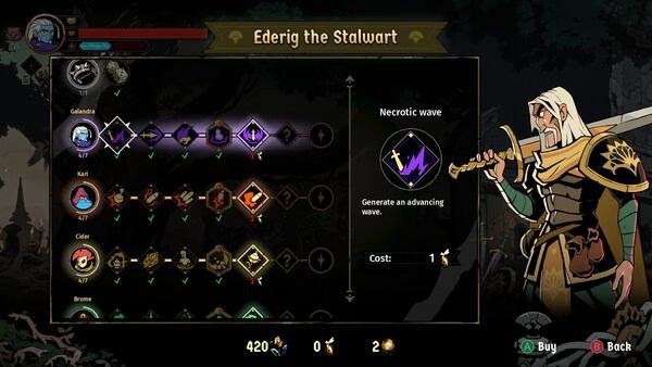Screenshot from Absolum showing Ederig the Stalwart's skill tree, highlighting the Necrotic Wave ability with its description and cost.