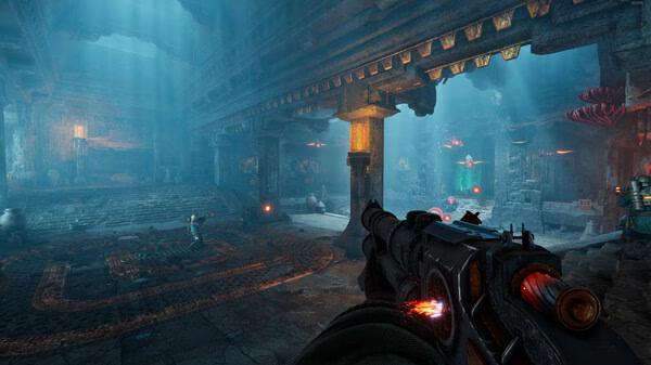 A screenshot from Abyssus showing a player holding a weapon in an ancient, glowing underwater temple with enemies ahead.