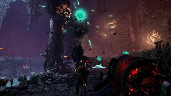 A screenshot from Abyssus showing a player facing a glowing, floating enemy in a dark, cavernous environment.