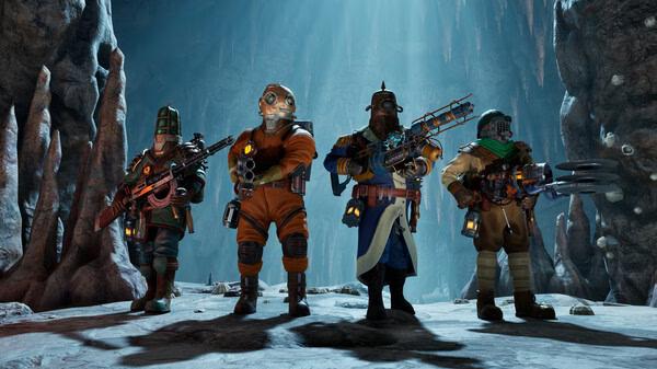 A screenshot from the game Abyssus showing four armed characters standing in a dimly lit, icy cave.