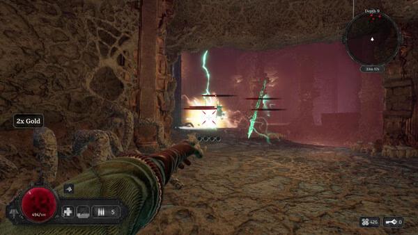 A screenshot from Abyssus showing a player aiming at enemies with lightning effects in a cavernous, eerie environment.