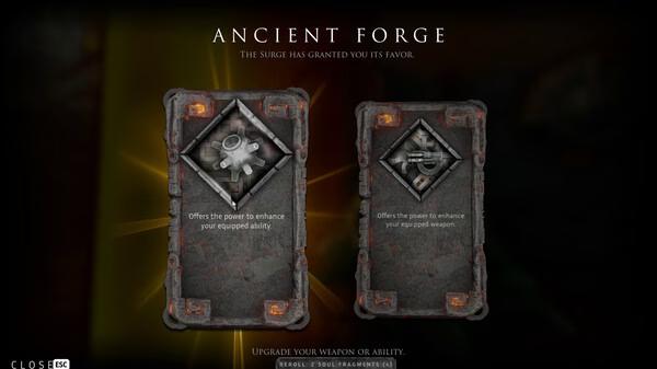 Screenshot from Abyssus showing the Ancient Forge menu with two upgrade cards for enhancing abilities or weapons.