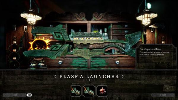 Screenshot from Abyssus showing the Plasma Launcher weapon with green and gold details, displayed in a weapon selection menu.