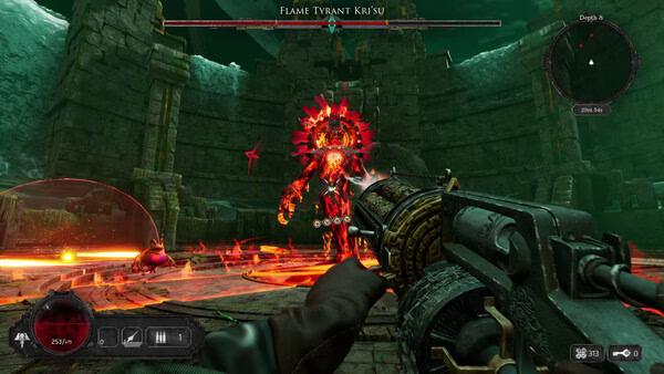 A screenshot from Abyssus showing a player aiming a weapon at the fiery boss Flame Tyrant Krisu in a dark, ancient arena.