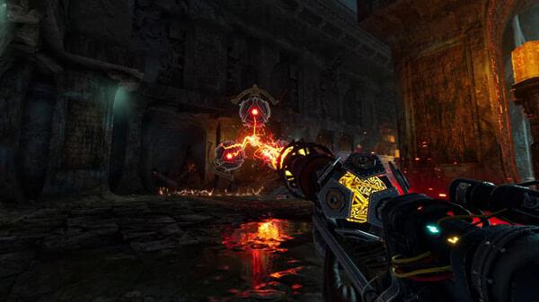 A screenshot from Abyssus showing a player firing a glowing weapon at a floating mechanical enemy in a dark, ruined corridor.
