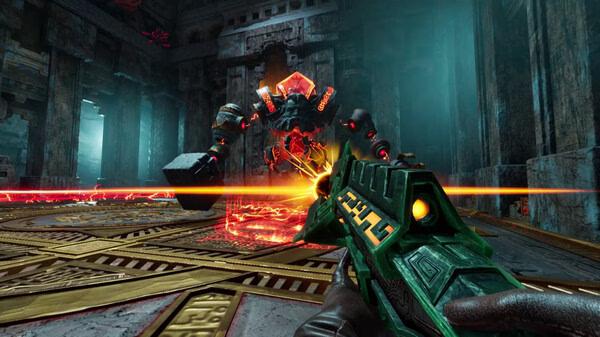 First-person view screenshot from Abyssus, showing a player aiming a weapon at a glowing, mechanical enemy in a temple-like setting.