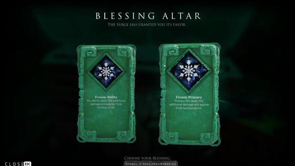 A screenshot from Abyssus showing the Blessing Altar with two green cards offering Frozen Ability and Frozen Primary upgrades.