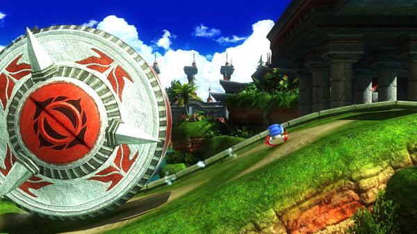 Screenshot from SONIC X SHADOW GENERATIONS showing Sonic running downhill as a giant spiked wheel chases him in a vibrant landscape.