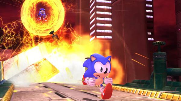 Screenshot from SONIC X SHADOW GENERATIONS: Sonic runs from an explosion as Shadow floats in a fiery sphere above.