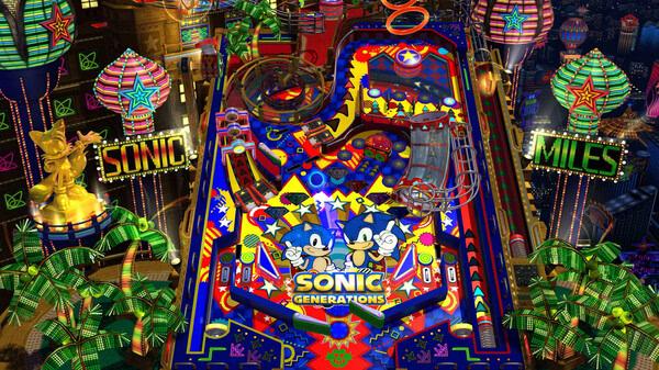 A colorful pinball table from SONIC X SHADOW GENERATIONS with Sonic and Shadow art in this vibrant game screenshot.