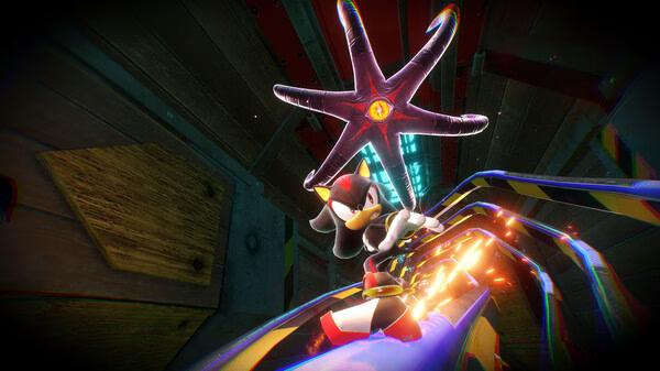 Screenshot from SONIC X SHADOW GENERATIONS showing Shadow grinding on rails while dodging a giant starfish-shaped enemy.