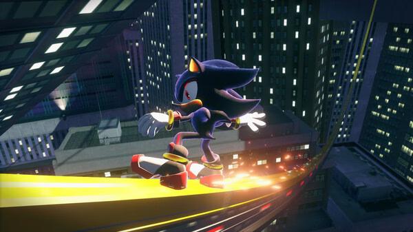 Screenshot from SONIC X SHADOW GENERATIONS showing Shadow grinding on a glowing rail in a cityscape at night.