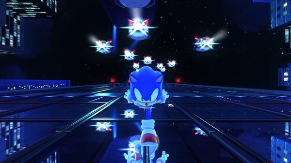 Screenshot from SONIC X SHADOW GENERATIONS showing Sonic speeding down a glass skyscraper at night, chased by flying robots.