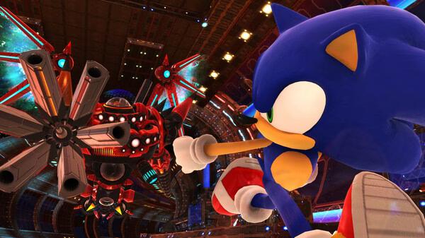 Screenshot from SONIC X SHADOW GENERATIONS showing Sonic facing a red robotic enemy in a futuristic, glowing arena.