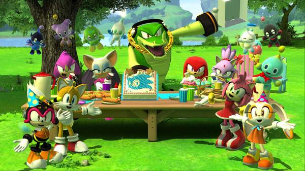 A screenshot from SONIC X SHADOW GENERATIONS shows characters celebrating outdoors with a Sonic-themed cake and decorations.