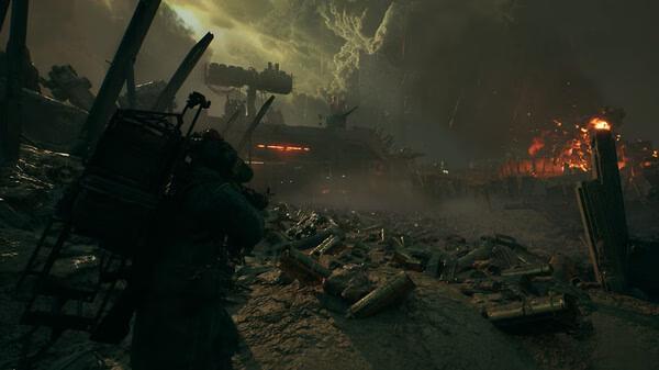 A screenshot from The Forever Winter showing a lone figure in a desolate, stormy wasteland with glowing fires in the distance.