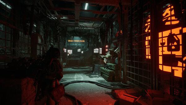 A screenshot from "The Forever Winter" showing a dimly lit, cluttered workshop with red neon lights and scattered equipment.