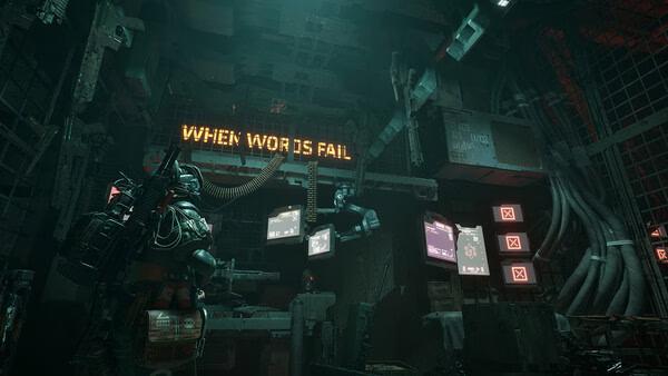 A screenshot from "The Forever Winter" showing a soldier in a dim, futuristic room with glowing screens and the text "When Words Fail."