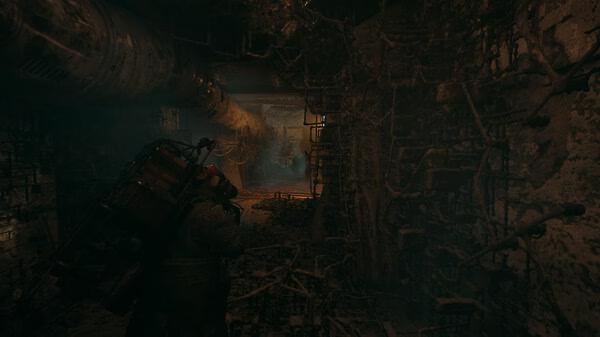 A screenshot from The Forever Winter showing a character exploring a dark, overgrown tunnel with eerie lighting and distant shadows.