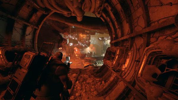 A screenshot from The Forever Winter showing a character exploring a dimly lit, snowy, and damaged underground tunnel.