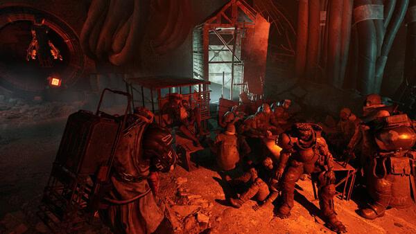 A screenshot from 'The Forever Winter' showing armored characters gathered around a campfire in a post-apocalyptic setting.