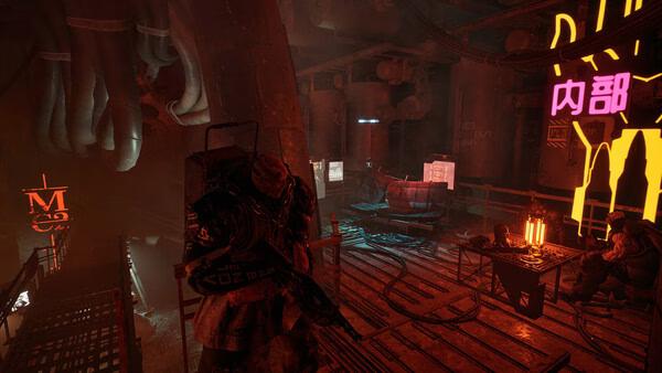 A screenshot from The Forever Winter showing a dimly lit industrial room with a soldier, neon signs, and scattered equipment.