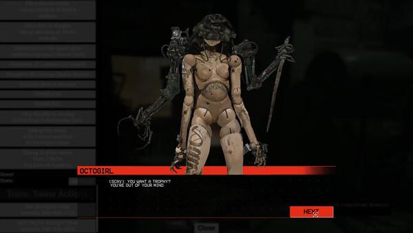 A screenshot from "The Forever Winter" showing Octogirl, a humanoid figure with mechanical limbs, holding a blade in a dark setting.