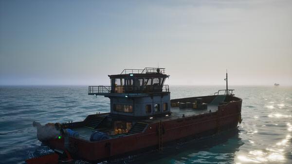 A screenshot from "The Last Caretaker" showing a detailed cargo ship floating on calm ocean waters under a clear sky.