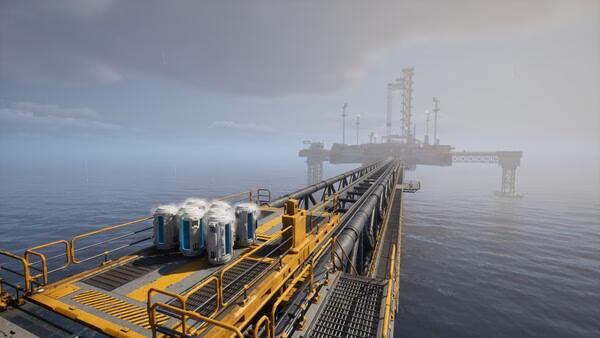 A screenshot from "The Last Caretaker" showing a foggy offshore platform with industrial structures and containers.