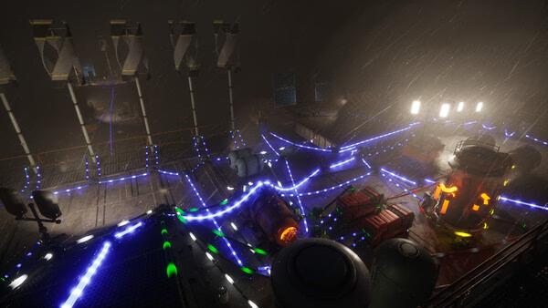 A screenshot from "The Last Caretaker" showing a futuristic facility with glowing lights, machinery, and heavy rain.