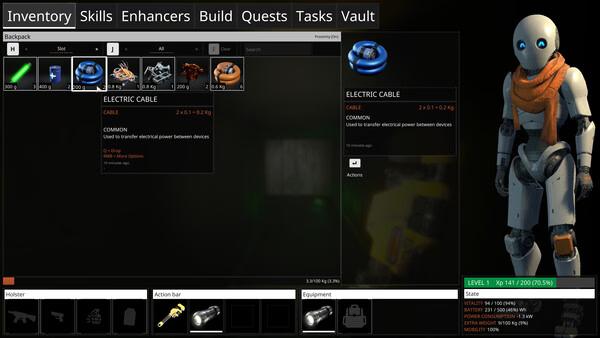 Screenshot from The Last Caretaker showing inventory menu with an electric cable highlighted and a robotic character on the right.