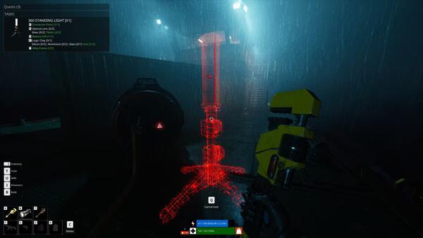 Screenshot from The Last Caretaker showing a player fixing a glowing red tower in a rainy, dimly lit environment.