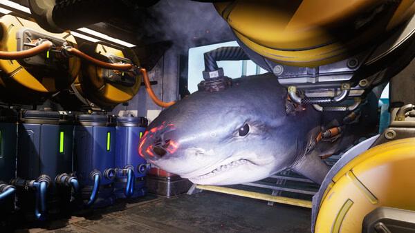 A screenshot from "The Last Caretaker" showing a shark with glowing red scars inside a futuristic submarine facility.