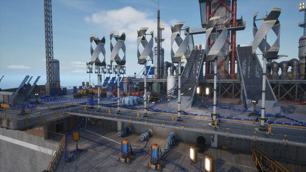 A screenshot from "The Last Caretaker" showing a futuristic industrial facility with wind turbines and connected machinery.