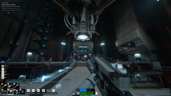 A screenshot from "The Last Caretaker" showing a futuristic sci-fi facility with a weapon in the player's view.