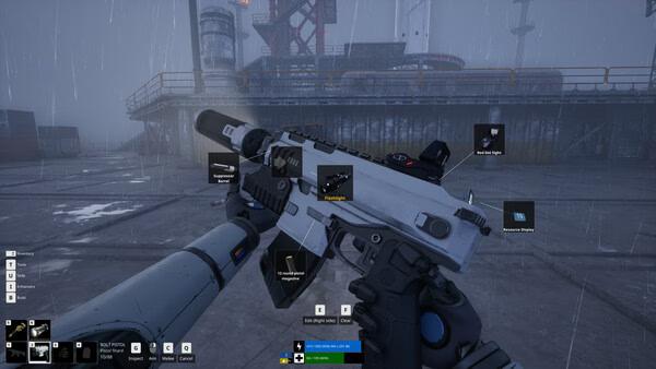 A screenshot from The Last Caretaker showing a robotic arm holding a futuristic weapon in a rainy industrial setting.