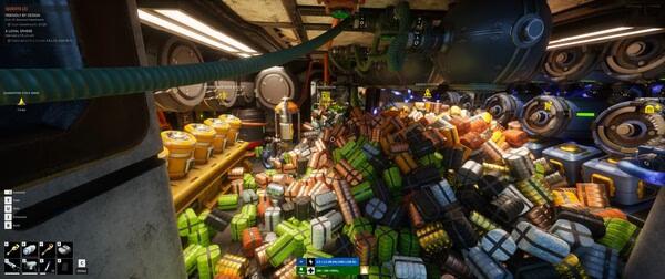 A screenshot from "The Last Caretaker" showing a room filled with piles of colorful supplies and machinery in a futuristic setting.